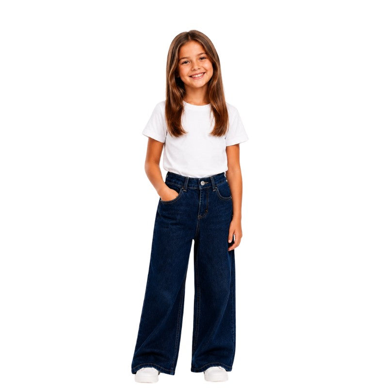 Girls wearing stylish wide-leg denim jeans in navy with white T-shirts and sneakers