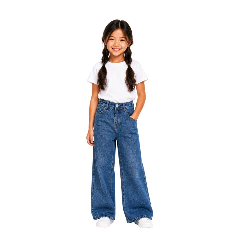 Girls wearing stylish wide-leg denim jeans in blue with white T-shirts and sneakers