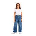 Girl wearing a blue wide-leg jeans 