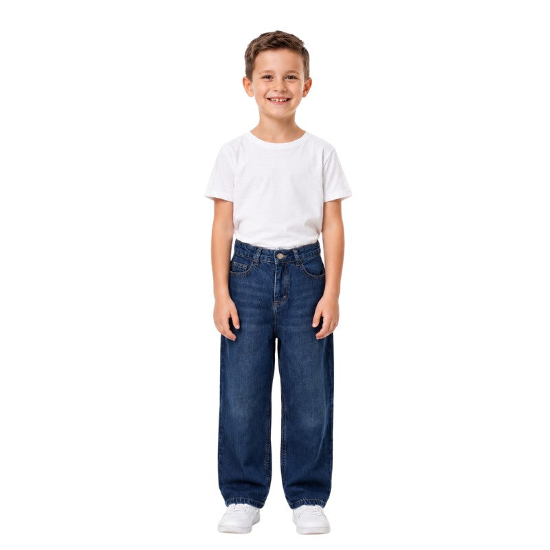 Boy wearing comfortable denim baggy jeans in navy