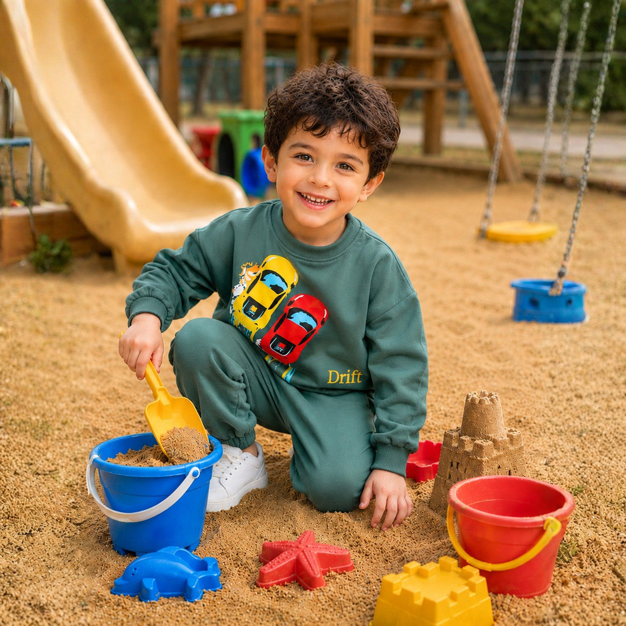 Smiling young boy wearing a mint racing car tracksuit 