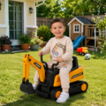 Toddler boy wearing an excavator print outfit 