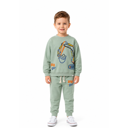 Toddler boy wearing an excavator print outfit 