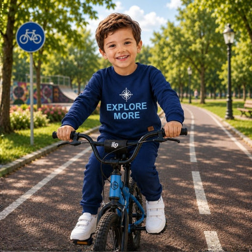 Smiling young boy wearing a  “Explore More” sweatshirt with matching jogger pants 
