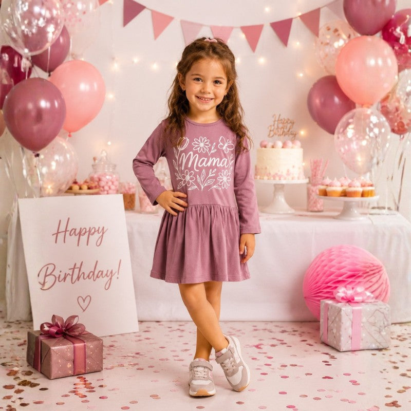 Smiling young girl wearing a long sleeve dress with a white floral graphic print 