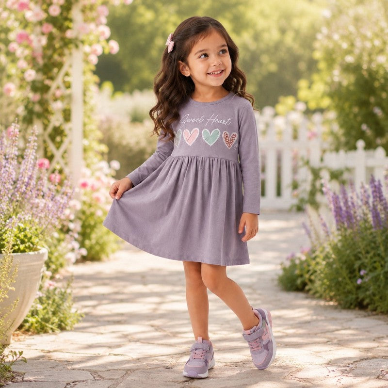 Young girl wearing a long sleeve dress with colorful heart prints