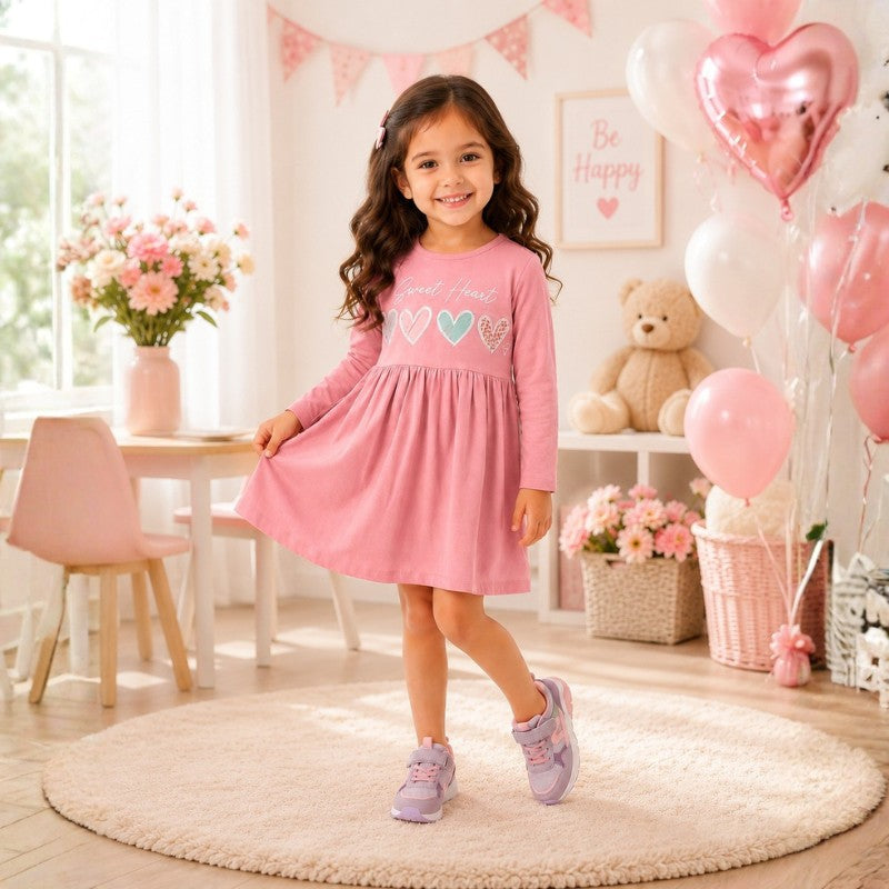 Young girl wearing a long sleeve dress with colorful heart prints 