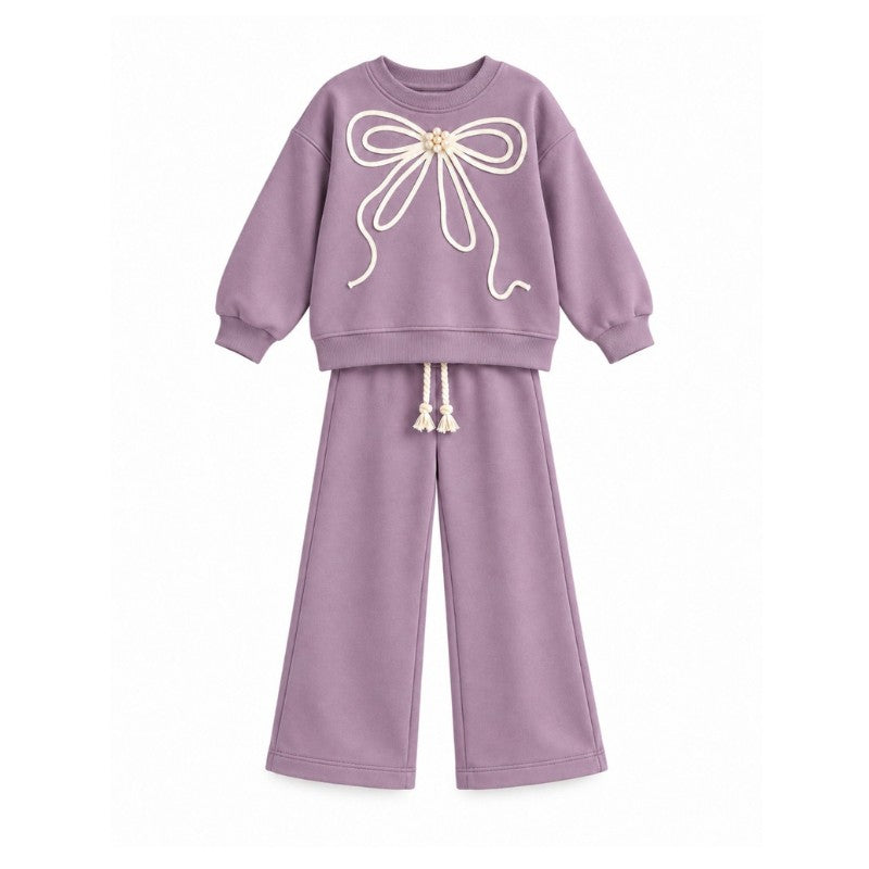 Purple bow sweatshirt with matching wide-leg pants