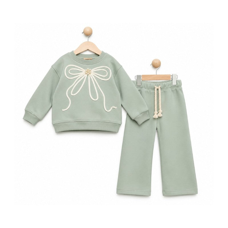 Sage Green bow sweatshirt with matching wide-leg pants