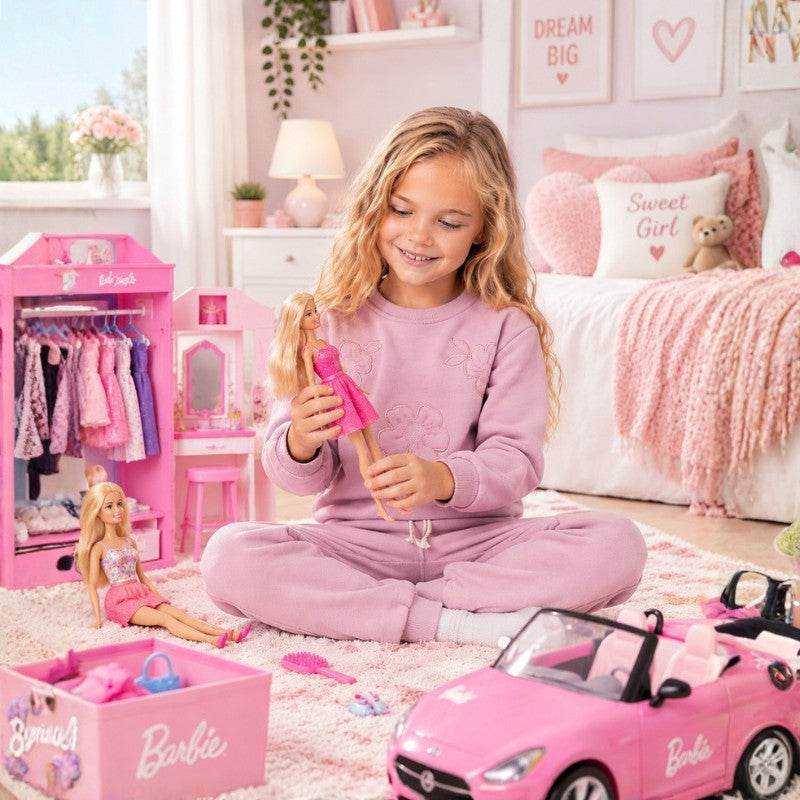 Girl wearing a soft pink sweatshirt and matching jogger pants, a comfortable casual tracksuit outfit for children