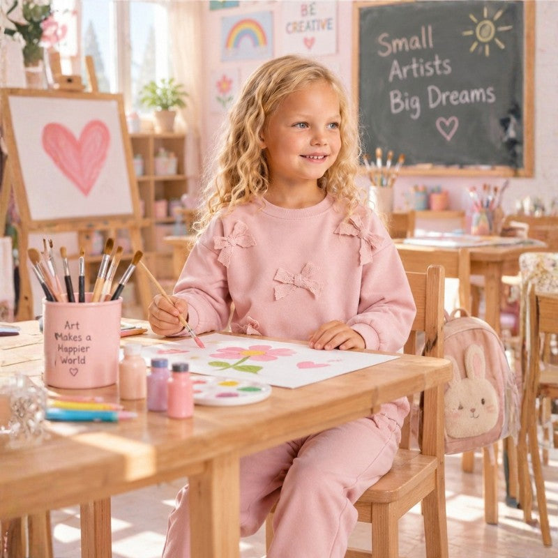 Young girl wearing a soft pink sweatshirt with bow details and matching jogger pants, a comfortable children’s casual outfit
