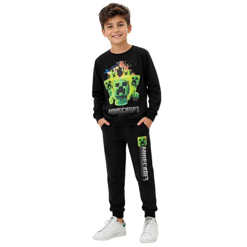 Boy wearing a black Minecraft Creeper sweatshirt and matching jogger pants