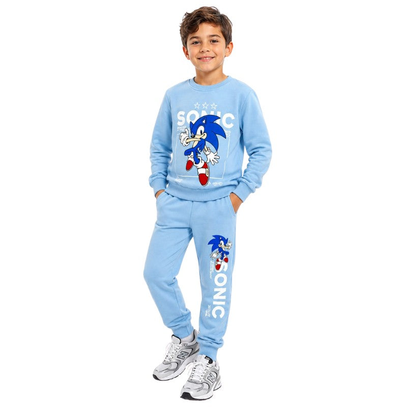 Boy wearing a light blue Sonic sweatshirt with matching jogger pants and sporty sneakers