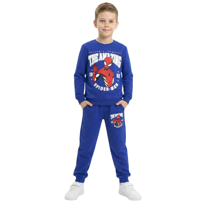 Boy wearing a Spider-Man sweatshirt and matching jogger pants