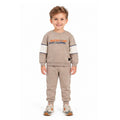 Young boy wearing a beige sweatshirt with Urban graphic print and matching jogger pants, a comfortable casual kids tracksuit set