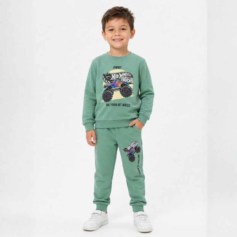Boy wearing a Hot Wheels sweatshirt with matching jogger pants a