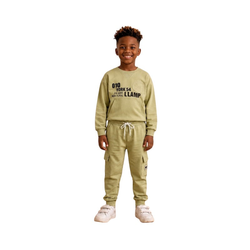 Young boy wearing a graphic sweatshirt with matching cargo jogger pants.