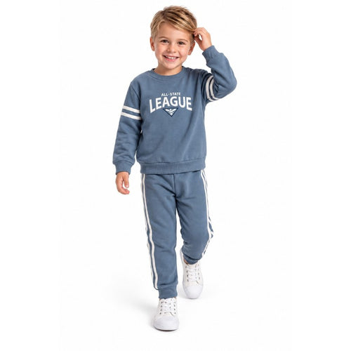 Young boy wearing a blue All-State League sweatshirt with matching striped jogger pants, stylish casual kids tracksuit