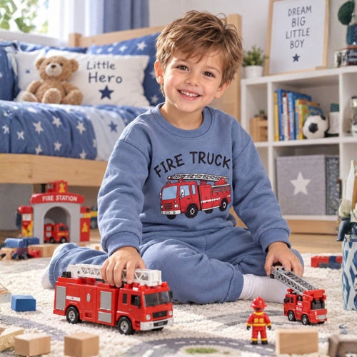 Young boy wearing a fire truck graphic sweatshirt and matching jogger pants, a comfortable kids casual tracksuit set