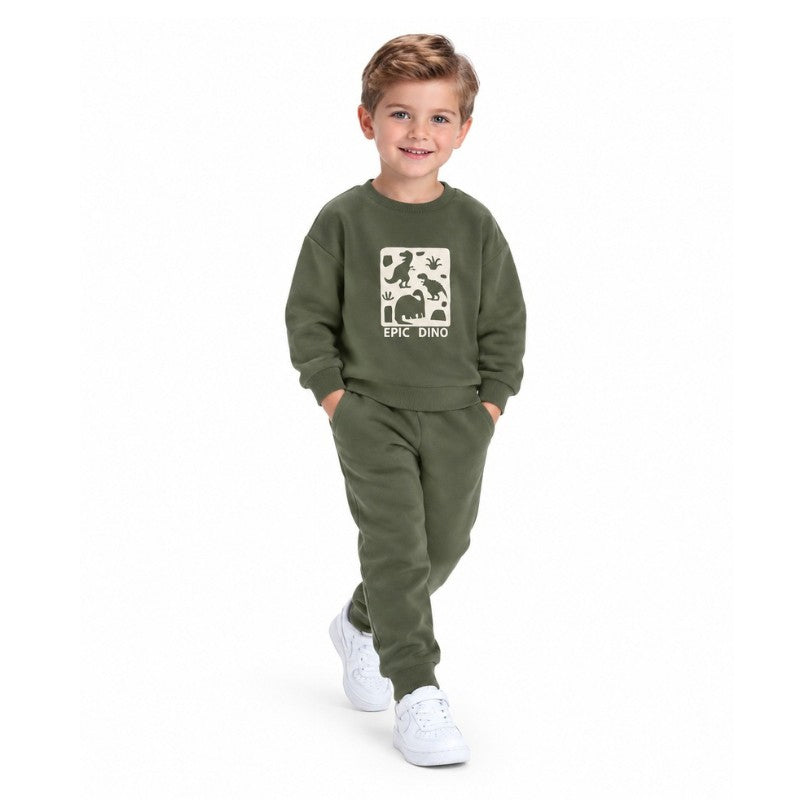 Young boy wearing a green Epic Dino graphic sweatshirt with matching jogger pants, a stylish kids casual tracksuit set