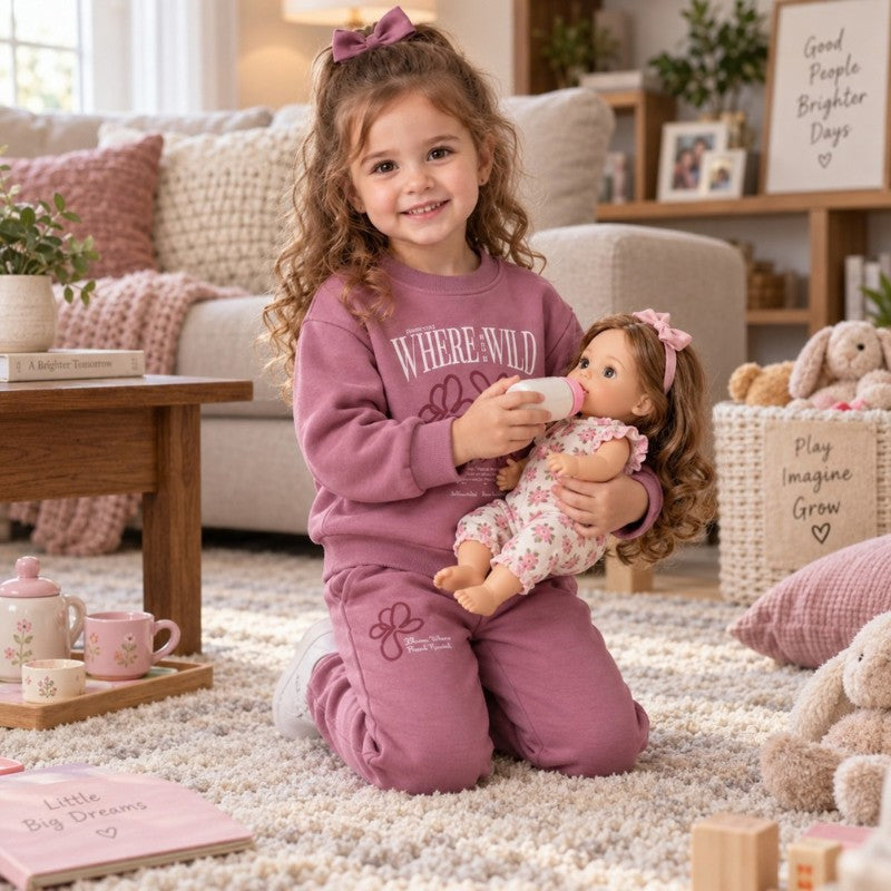 Young girl wearing a pink sweatshirt and matching jogger set while playing with a doll
