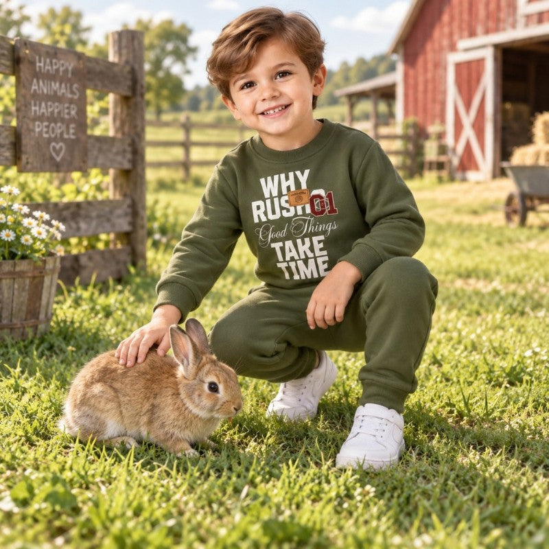 Young boy wearing a green kids sweatshirt and joggers playing outdoors with a rabbit