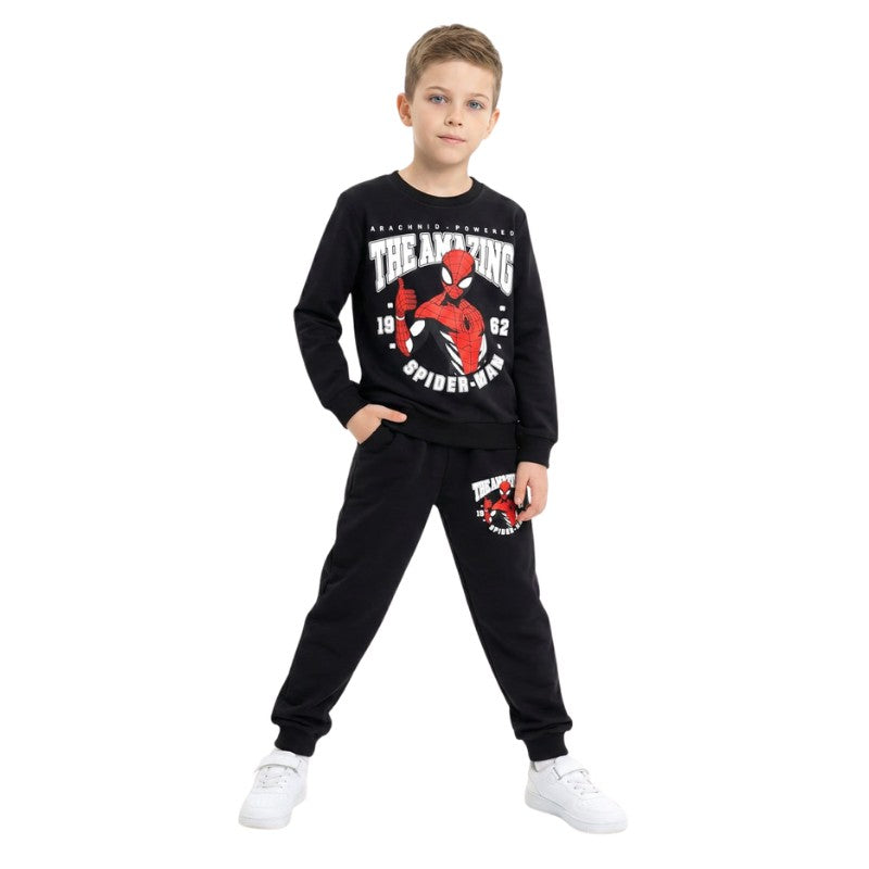 Boy wearing a Spider-Man sweatshirt and matching jogger pants