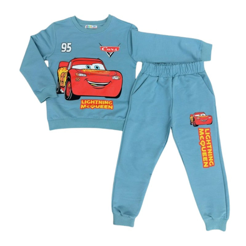 A two-piece children's sweatshirt and jogger set in cream, featuring a Cars Lightning McQueen graphic on the sweatshirt and matching graphics on the joggers.