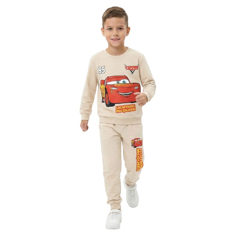 Boy wearing a Lightning McQueen sweatshirt and matching jogger pants