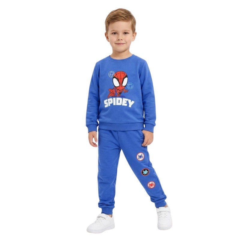 Young boy wearing a Spidey sweatshirt with matching jogger pants and white sneakers