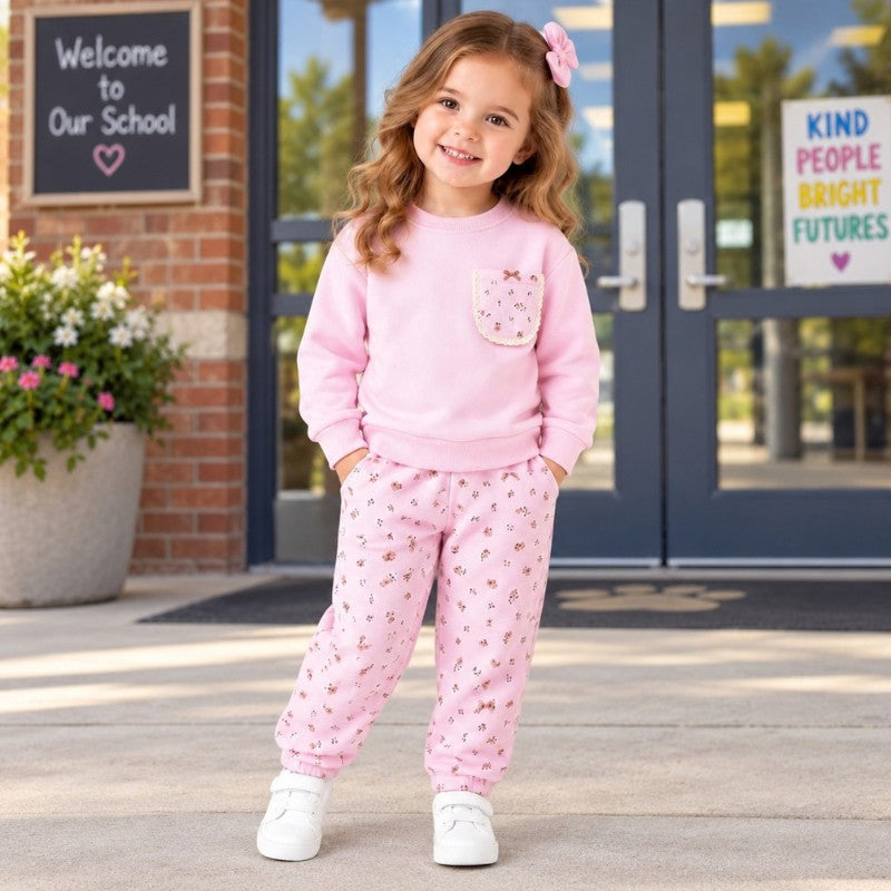 Young girl wearing a pink floral pocket sweatshirt and matching printed joggers 