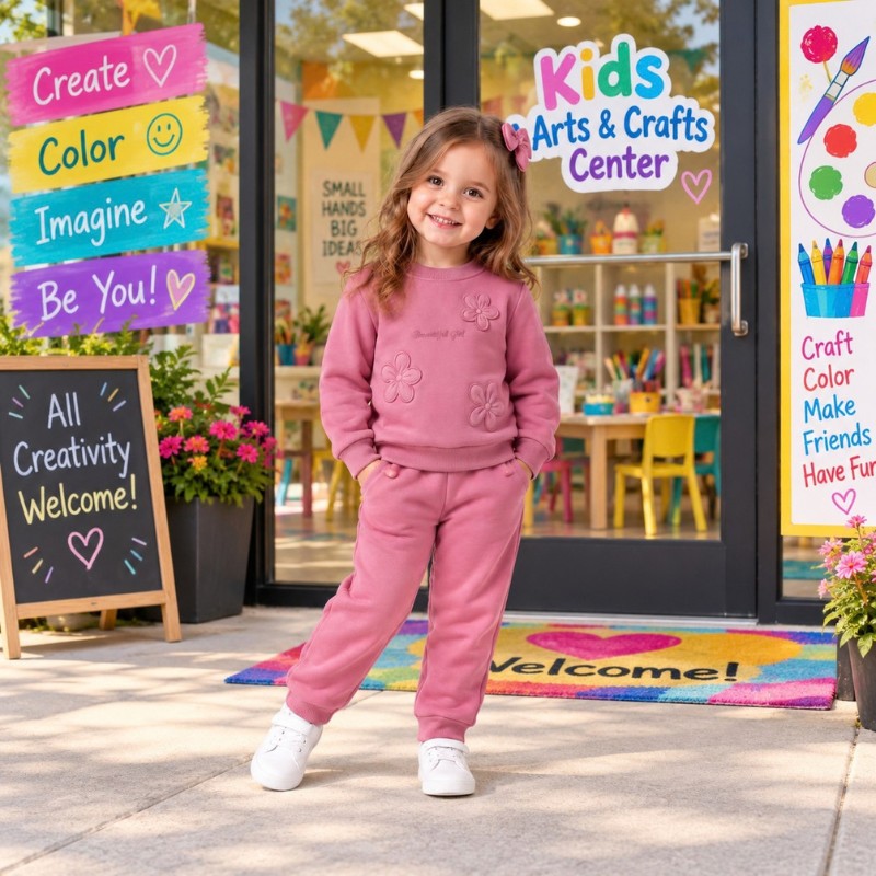 Young girl wearing a dusty pink floral appliqué sweatshirt with matching jogger trousers