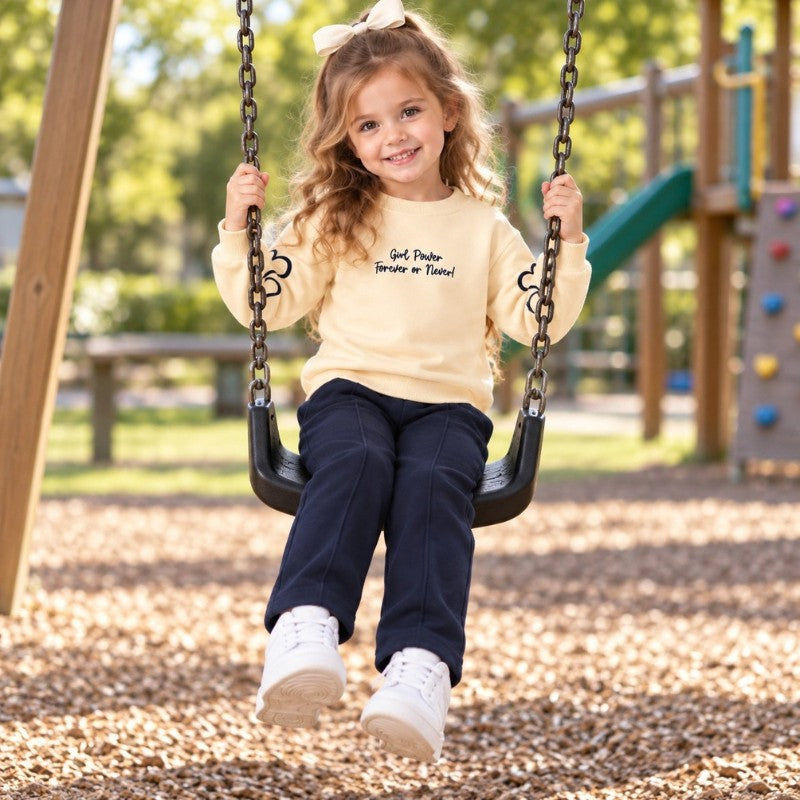Young girl wearing a butter-yellow slogan sweatshirt with navy heart-print sleeves, matching navy joggers 