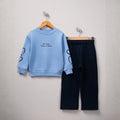 Blue Slogan sweatshirt with navy heart-print sleeves, matching navy joggers 