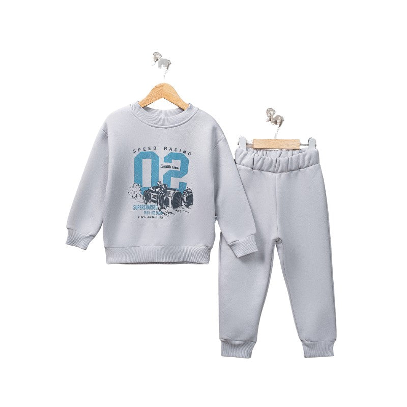 A grey racing sweatshirt and jogger set
