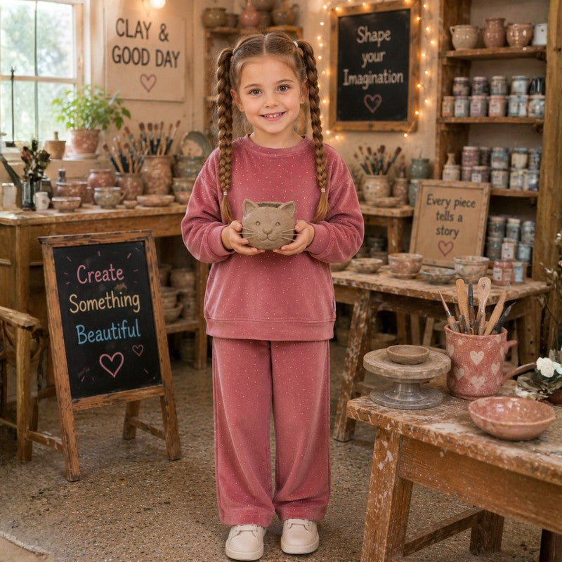 Young girl wearing a dusty rose polka dot sweatshirt and matching pants in a pottery studio.