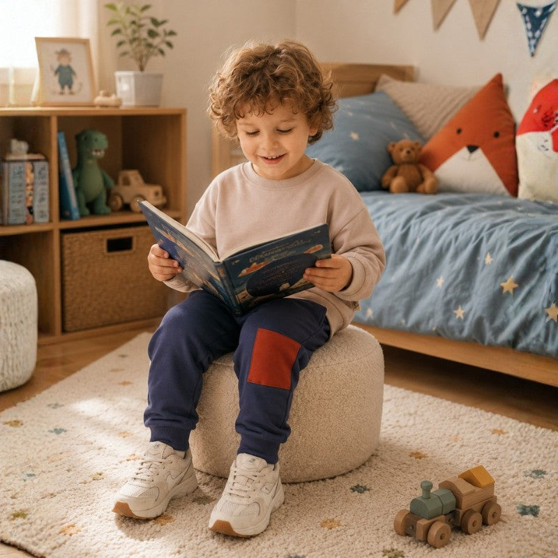 Young boy wearing a taupe sweatshirt with navy jogger pants featuring a patch pocket 