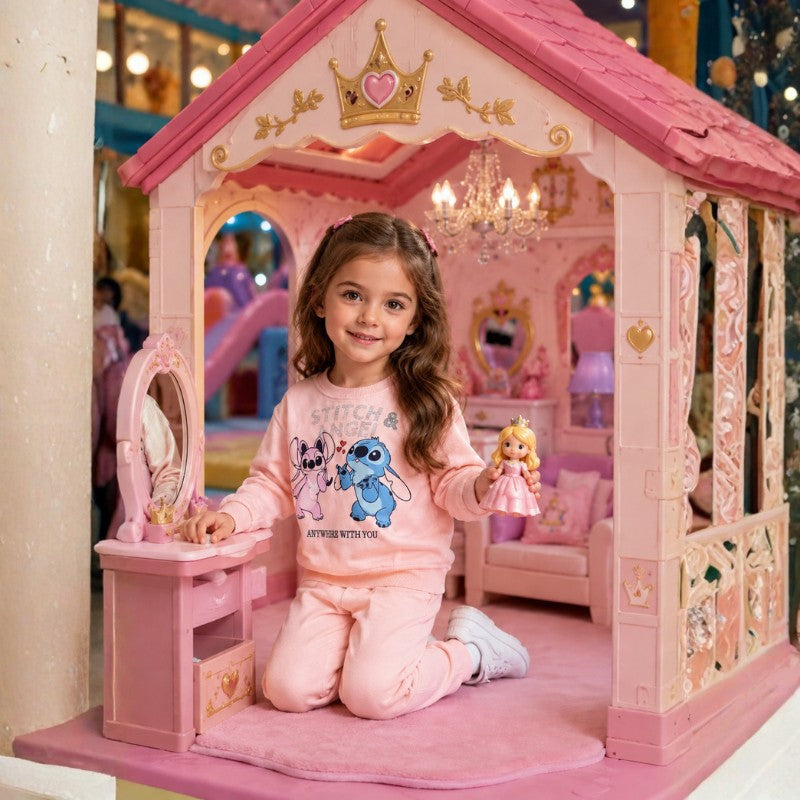 Young girl wearing a Stitch and Angel tracksuit 
