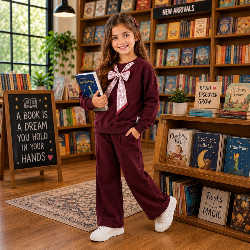 Young girl wearing a burgundy butterfly bow tracksuit set in a children’s bookstore.